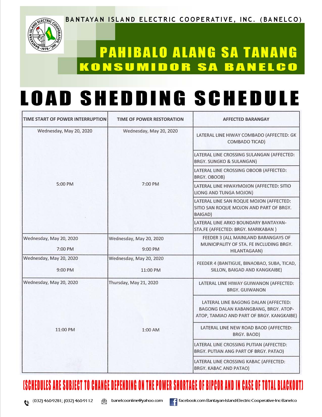 pahibalo-load-shedding-schedule-5-20-2020-eve