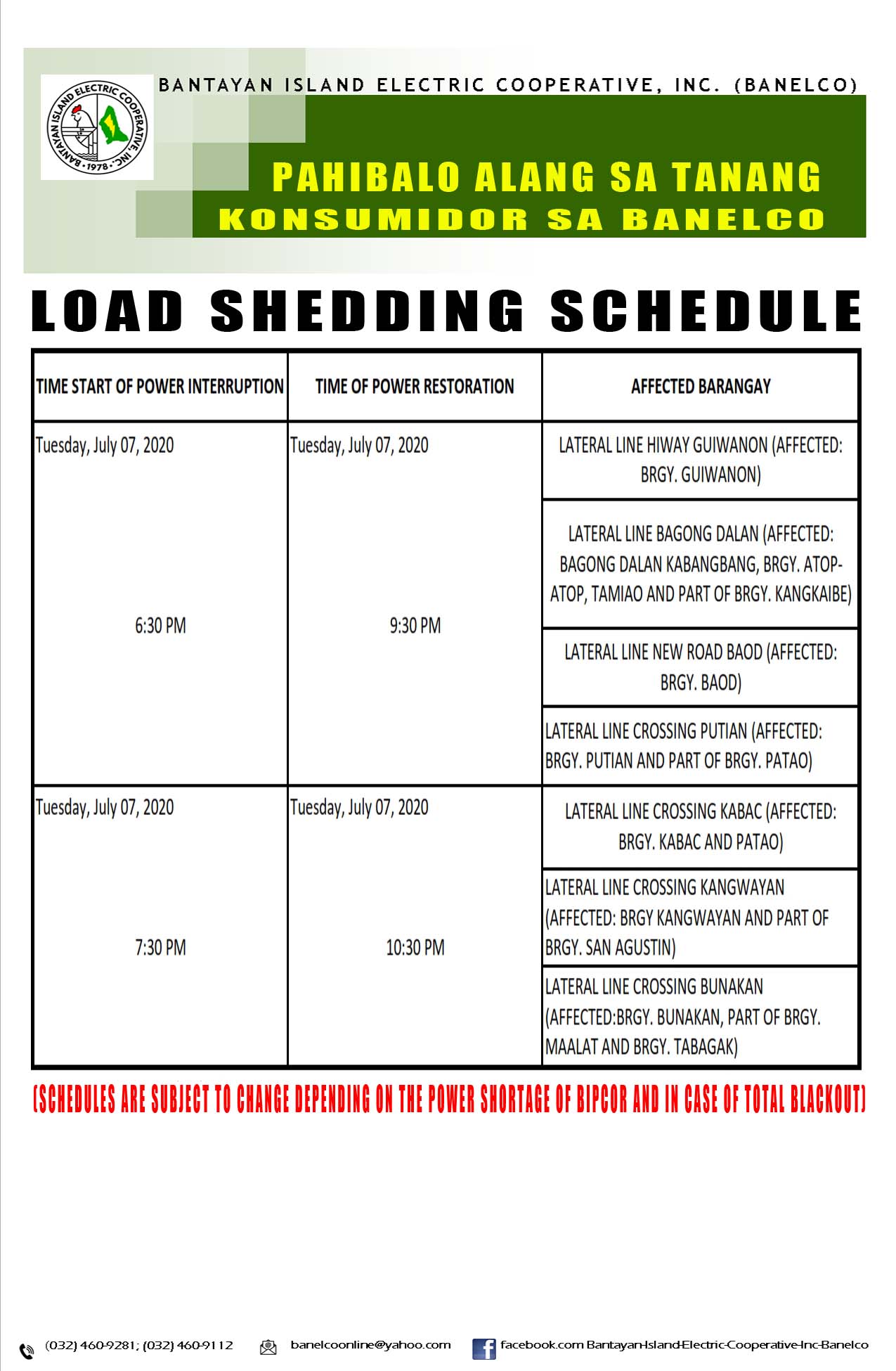 pahibalo-load-shedding-schedule-7-07-2020-eve