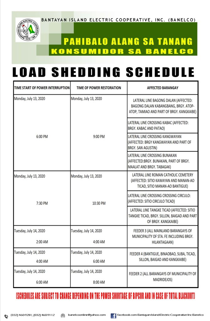 Load Shedding Schedules – Bantayan Electric Cooperative, Inc