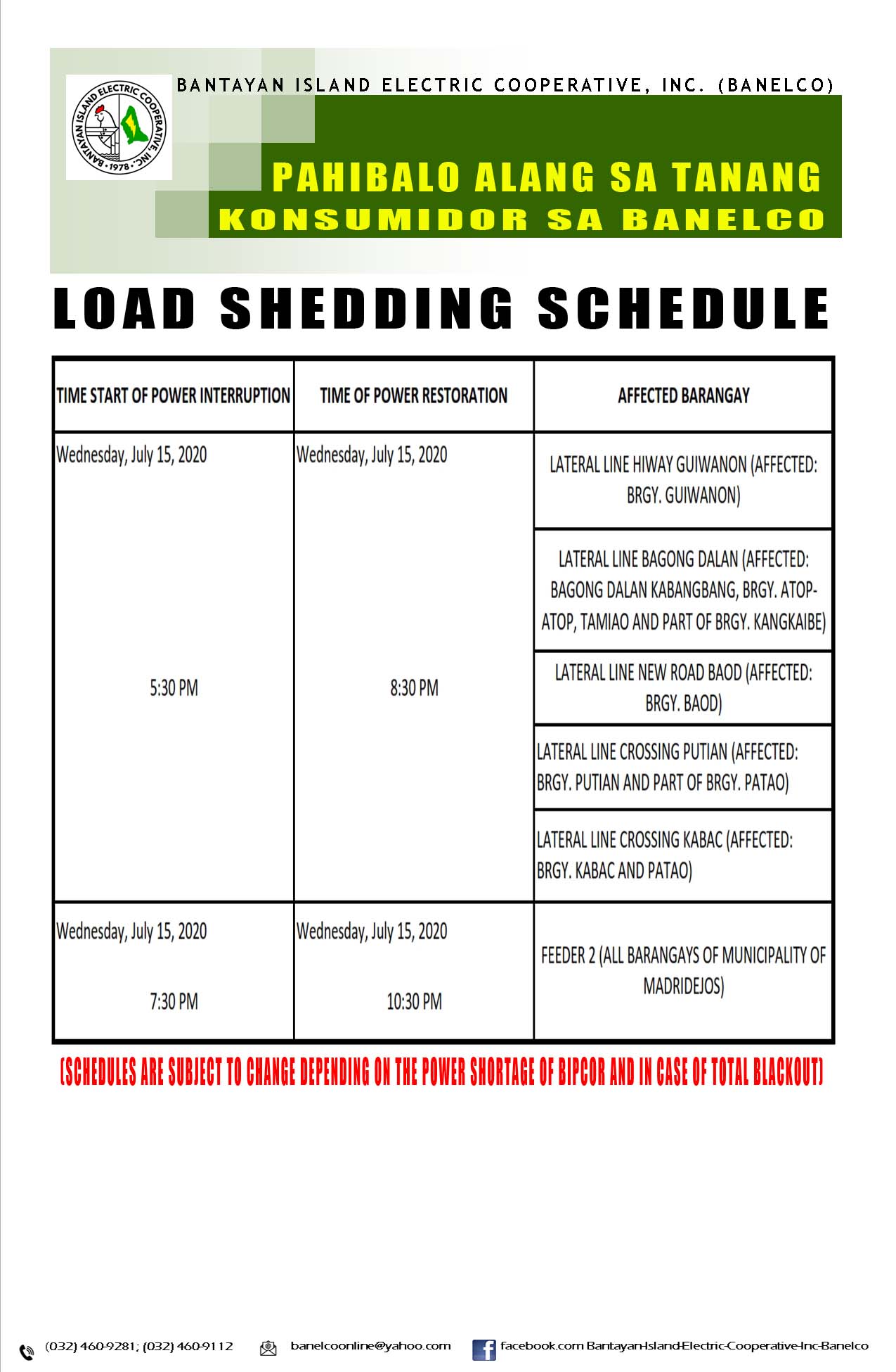 pahibalo-load-shedding-schedule-7-15-2020-eve