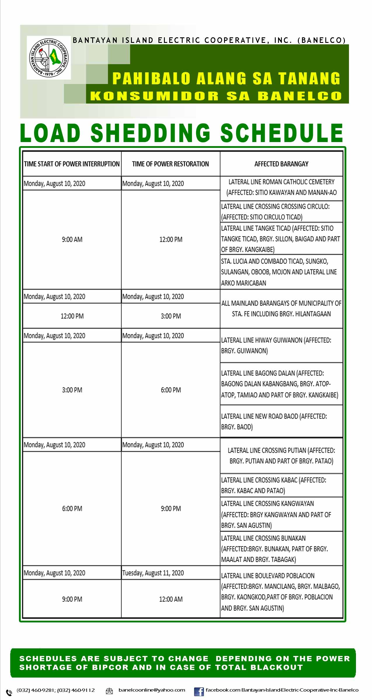 banelco-load-shedding-schedule-8-10-2020