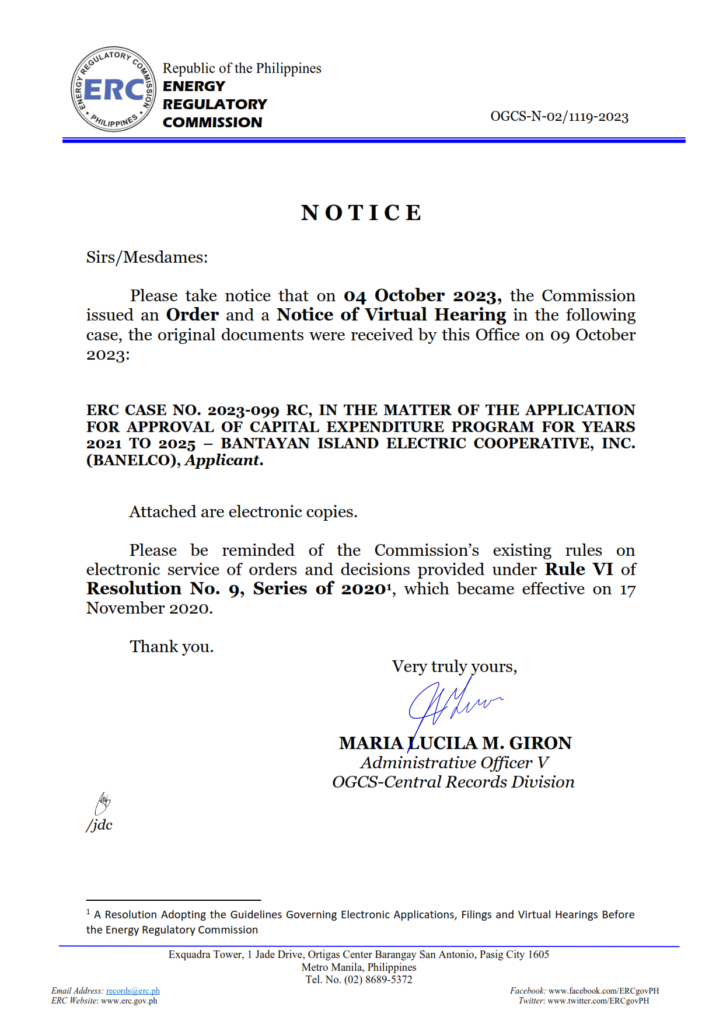 Notice No. 1119-2023. Erc Case No. 2023-099 Rc (io And Nvh) – Bantayan 