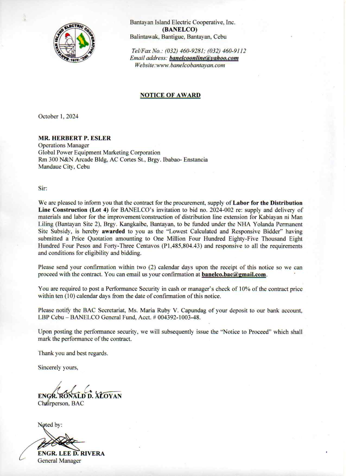 Notice of Award for Labor, Distribution Line Construction – Bantayan ...
