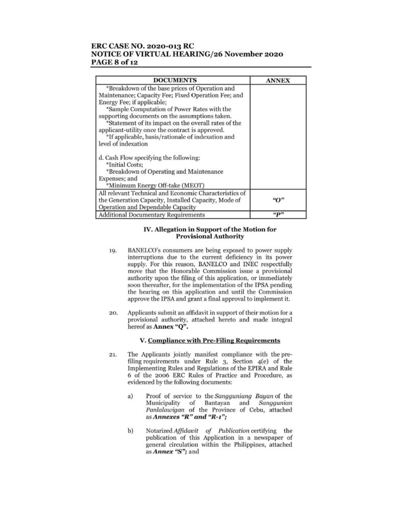 ERC CASE NO. 2020-13RC NVH – Bantayan Electric Cooperative, Inc