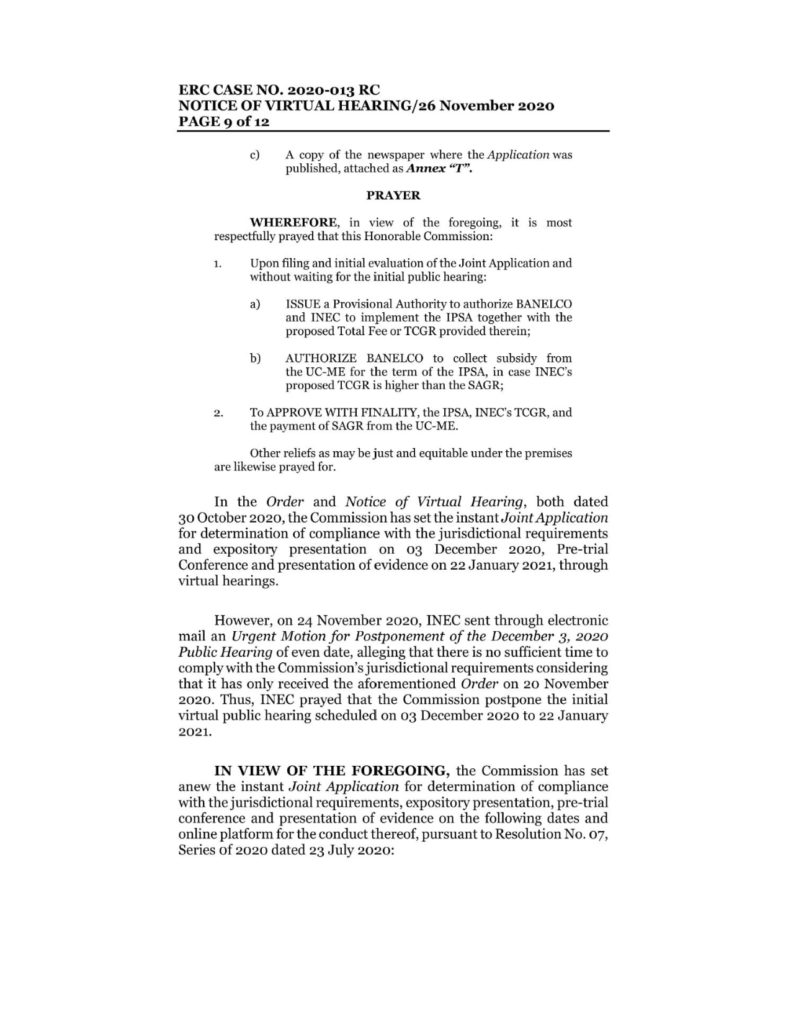 ERC CASE NO. 2020-13RC NVH – Bantayan Electric Cooperative, Inc