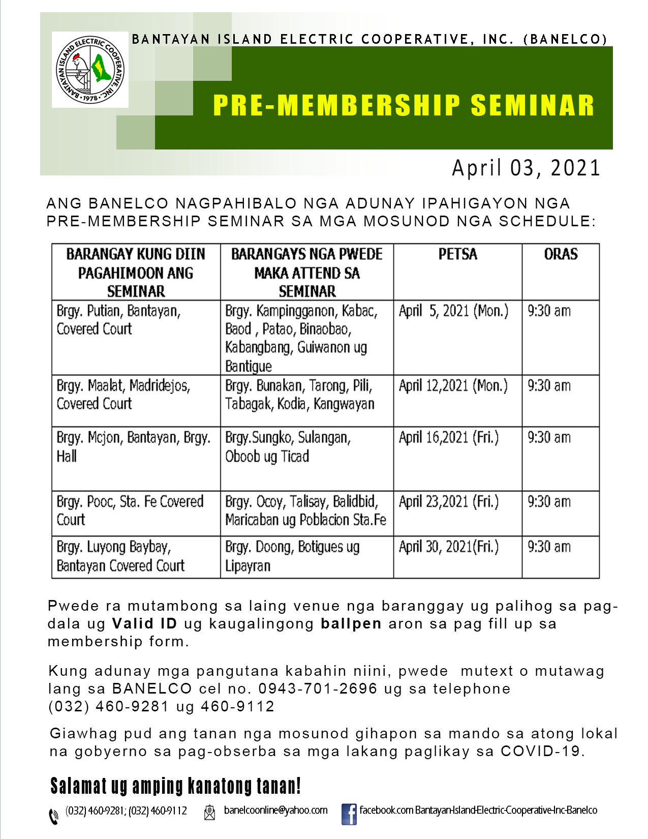 PRE-MEMBERSHIP SEMINAR SCHEDULE – Bantayan Electric Cooperative, Inc