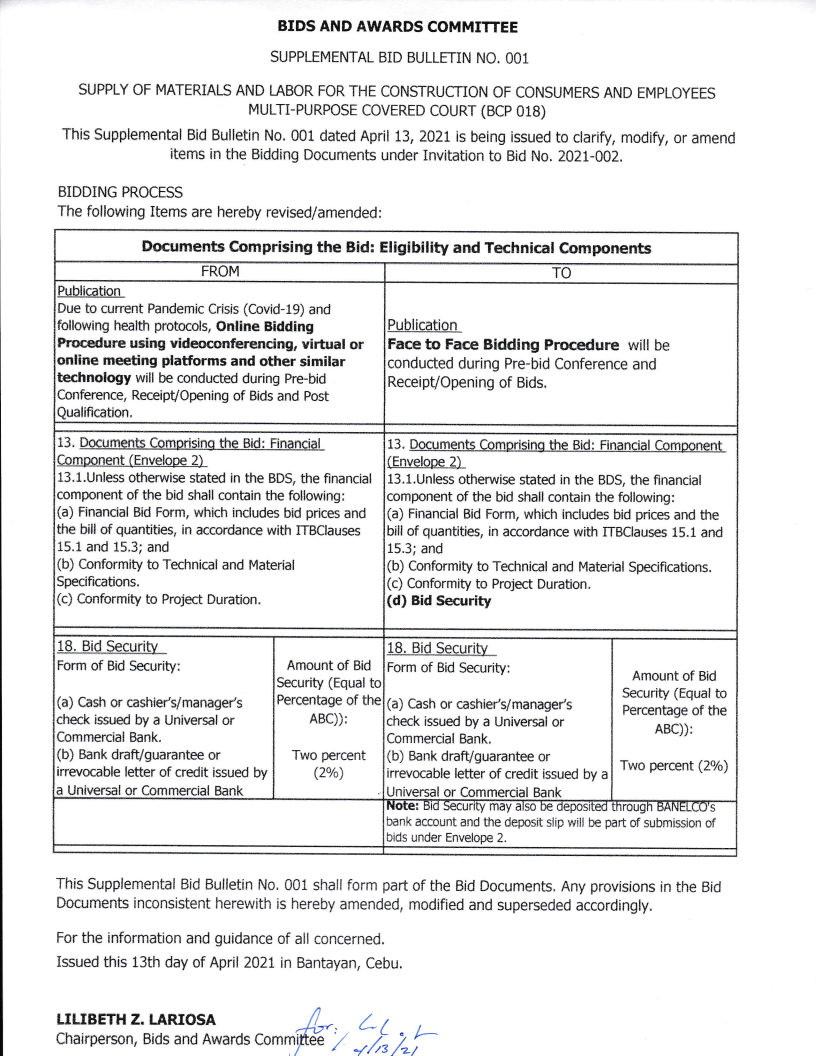 Supplemental Bid Bulletin(ITB 2021-002) – Bantayan Electric Cooperative ...