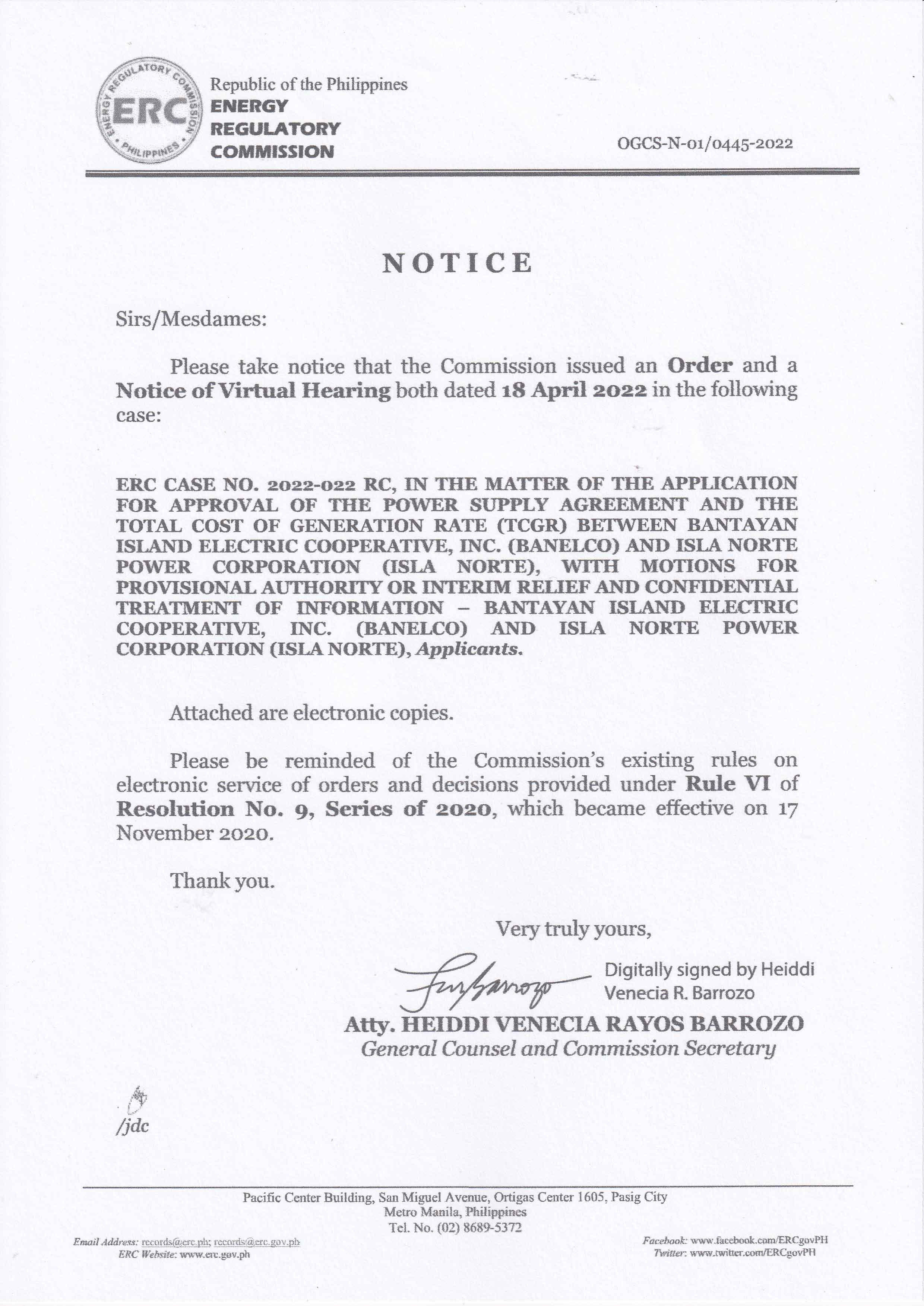 NOTICE OF ORDER AND VIRTUAL HEARING ERC CASE NO. 2022-022 RC – Bantayan ...